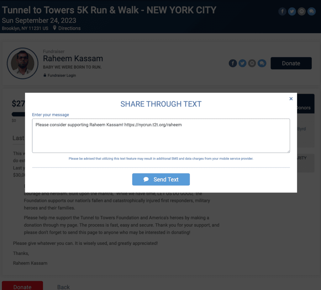 Click to text social share fundraising page
