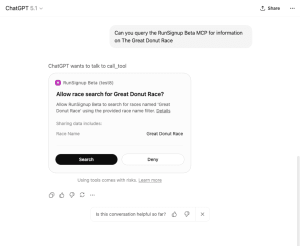 Image of ChatGPT query of RunSignup MCP