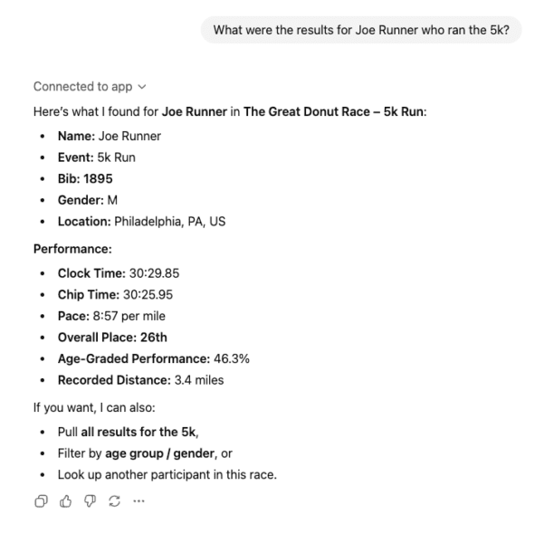 ChatGPT session returning results on Joe Runner who ran the 5K