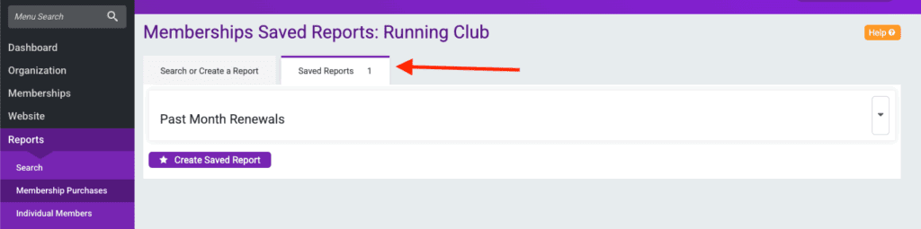 Memberships Saved Reports in the dashboard screenshot