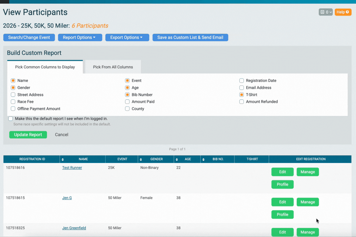 Screen recording navigating in the race dashboard to report options customizable view