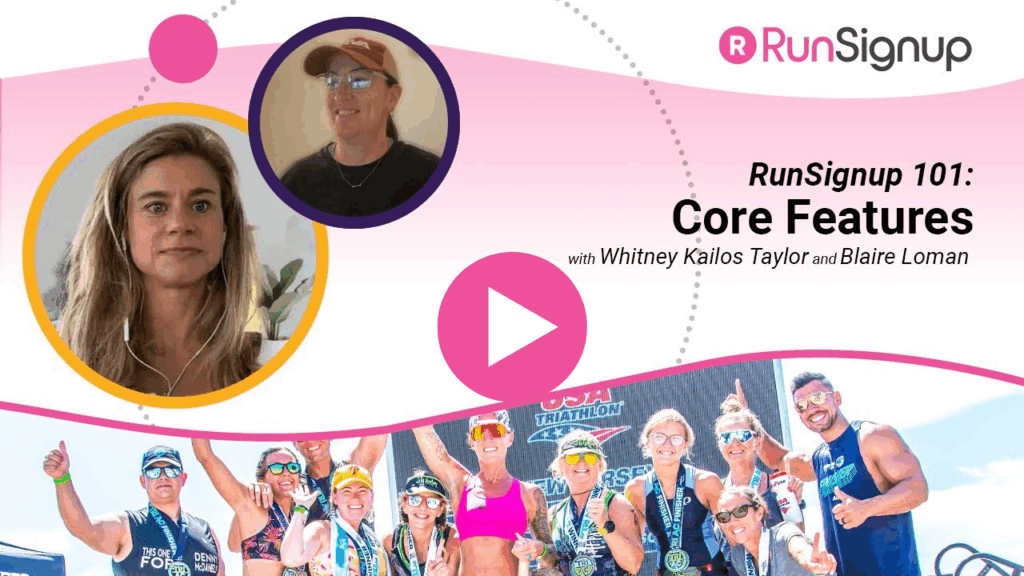 RunSignup 101 webinar graphic for ‘Core Features’ with two speaker headshots and a group race photo.