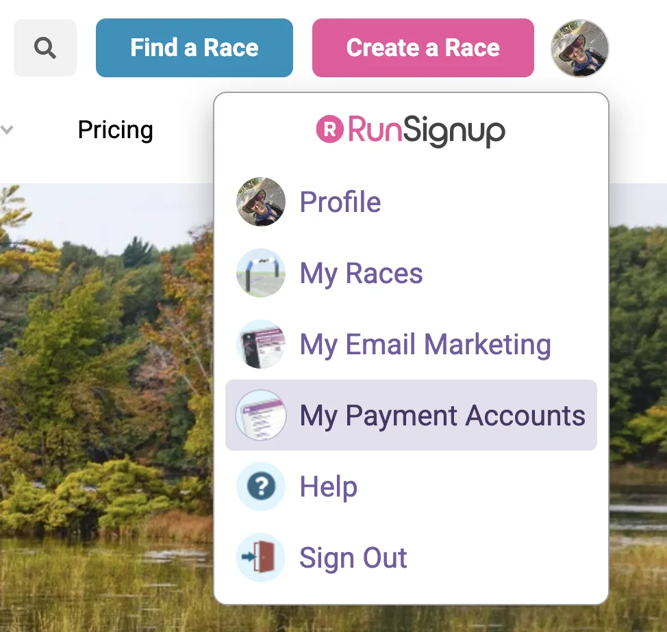 RunSingup user menu showing profile options including My Races, My Email Marketing, My Payment Account, Help, and Sign Out