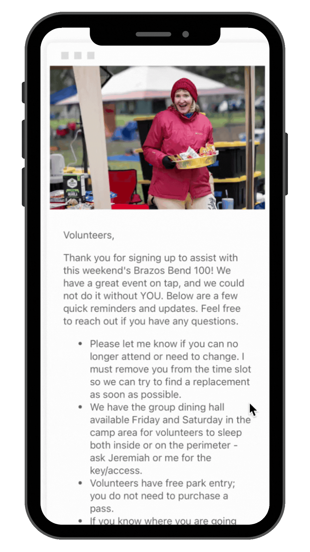 Screen recording of Brazos Bend 100 volunteer email