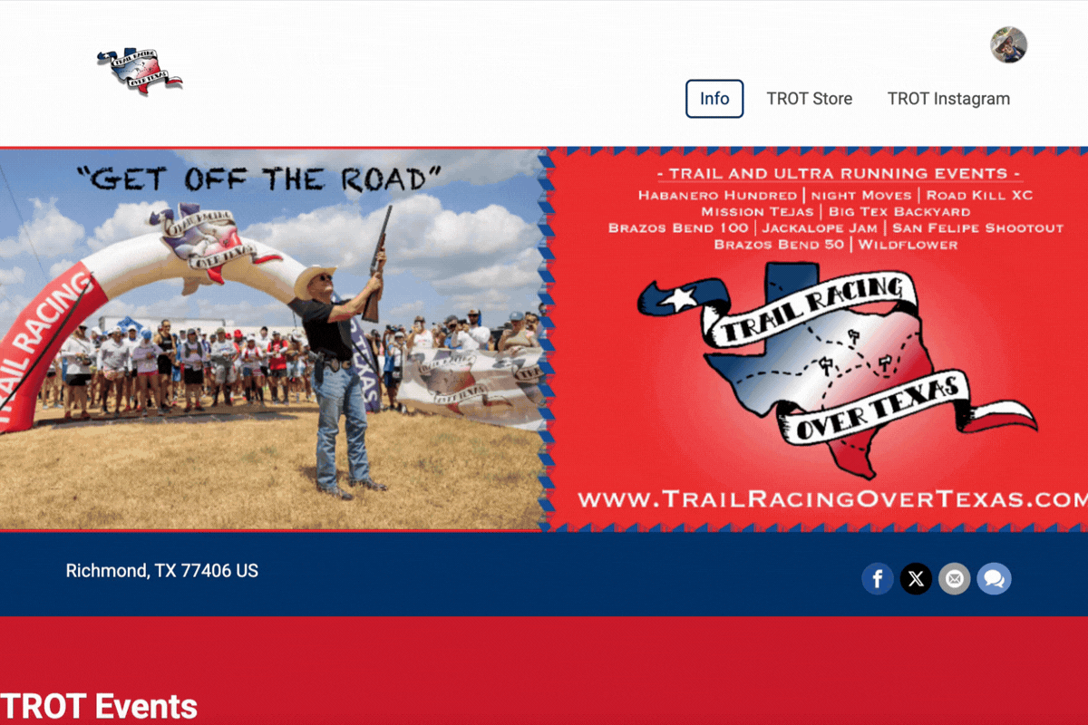 TROT organization website with upcoming event listing and info about TROT