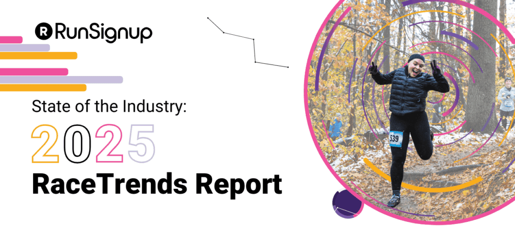 February 2026 Top Highlight RunSignup logo with text reading State of the Industry: 2025 RaceTrends Reports and runner in wood jumping