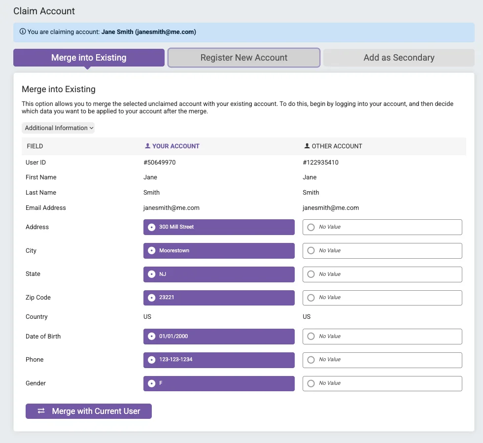 Claim account screen - merge into existing, register new account, add secondary - with all personal info