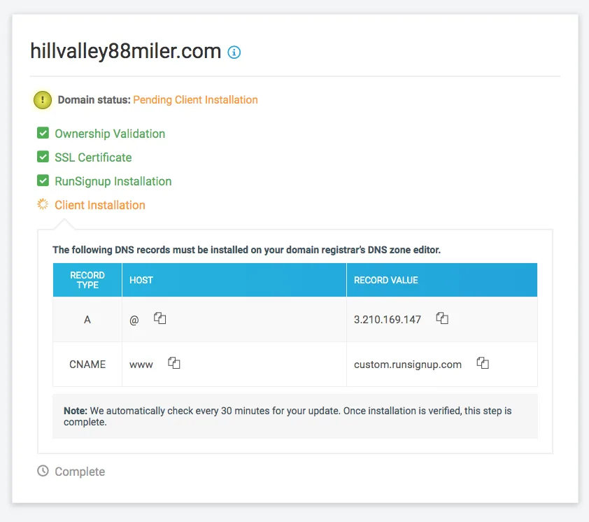 Screenshot of domain status: pending client installation