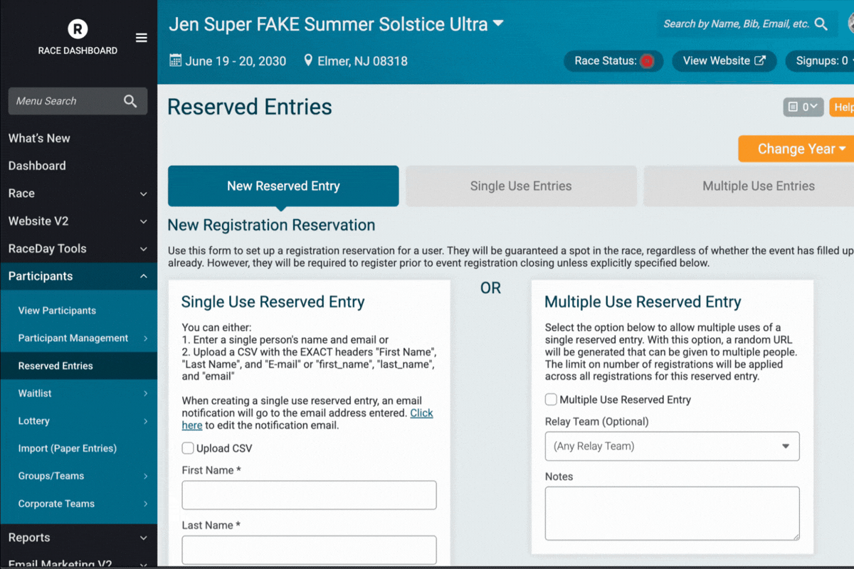 Reserved entry in race dashboard